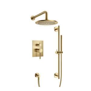 Flusso Two Output Shower Set With Shower Head, Hand Held And Slide Bar In Satin Brass