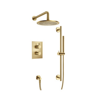 Flusso Two Output Shower Set With Shower Head, Hand Held And Slide Bar In Satin Brass