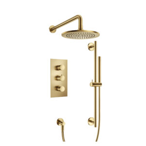 Flusso Two Output Shower Set With Shower Head, Hand Held And Slide Bar In Satin Brass