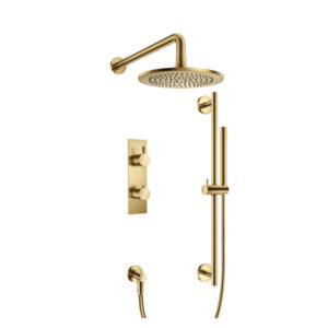 Flusso Two Output Shower Set With Shower Head, Hand Held And Slide Bar In Satin Brass