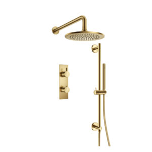 Flusso Two Output Shower Set With Shower Head, Hand Held And Slide Bar In Satin Brass