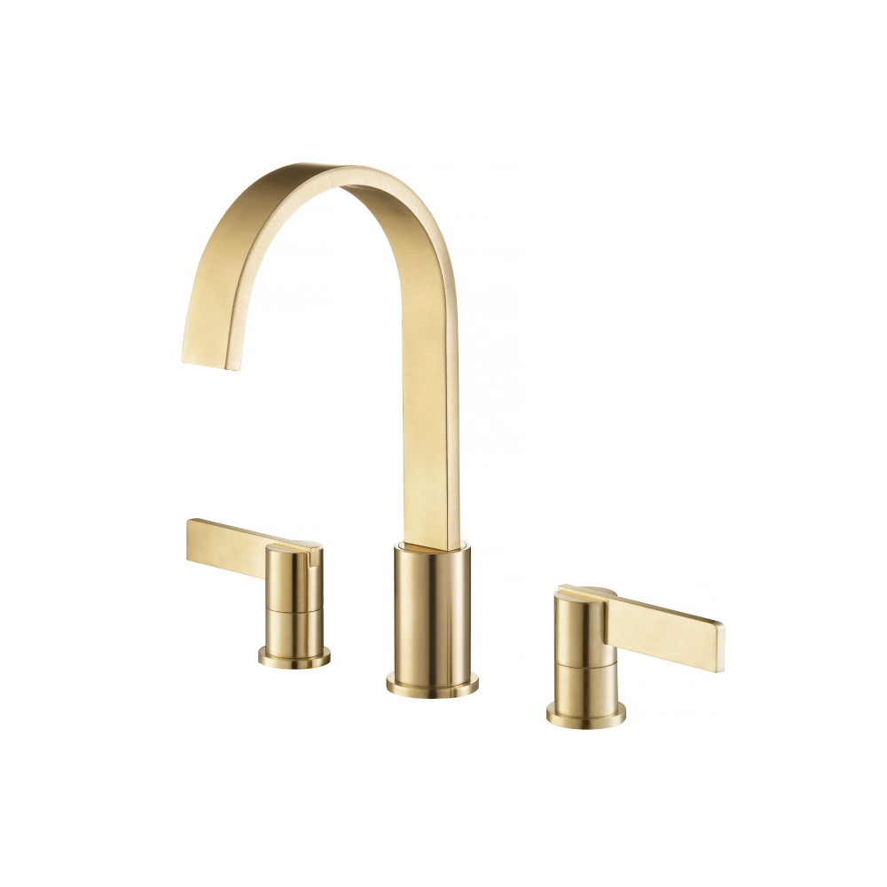 Flusso Three Hole 8" Widespread Two Handle Bathroom Faucet In Satin Brass