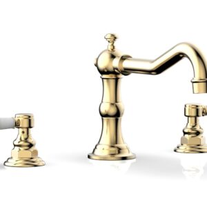 Phylrich HENRI Deck Tub Set – White Marble Lever Handles – 161-42 – Satin Brass