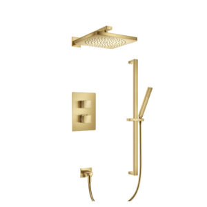 Flusso Two Output Shower Set With Shower Head, Hand Held And Slide Bar In Satin Brass
