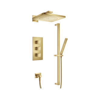 Flusso Two Output Shower Set With Shower Head, Hand Held And Slide Bar In Satin Brass