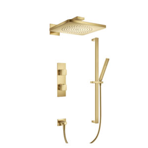 Flusso Two Output Shower Set With Shower Head, Hand Held And Slide Bar In Satin Brass