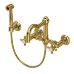 ROHL Acqui® Wall Mount Bridge Kitchen Faucet With Sidespray And Column Spout In Unlacquered Brass