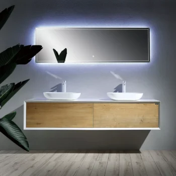 Fiona 72" in Oak with Two Solid Surface Vessel Sinks