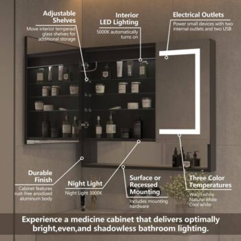 36 x 32 LED Medicine Cabinet With Black Shelf - Image 3