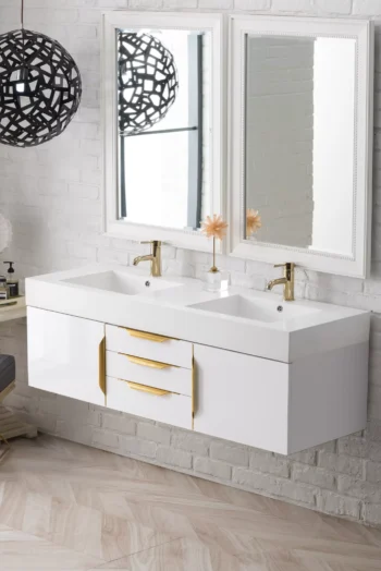 Mercer Island 59" Double Vanity, Glossy White, Radiant Gold w/ Glossy White Composite Stone Top - Image 3
