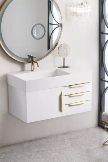 Mercer Island 36" Single Vanity, Glossy White, Radiant Gold w/ Glossy White Composite Stone Top - Image 3