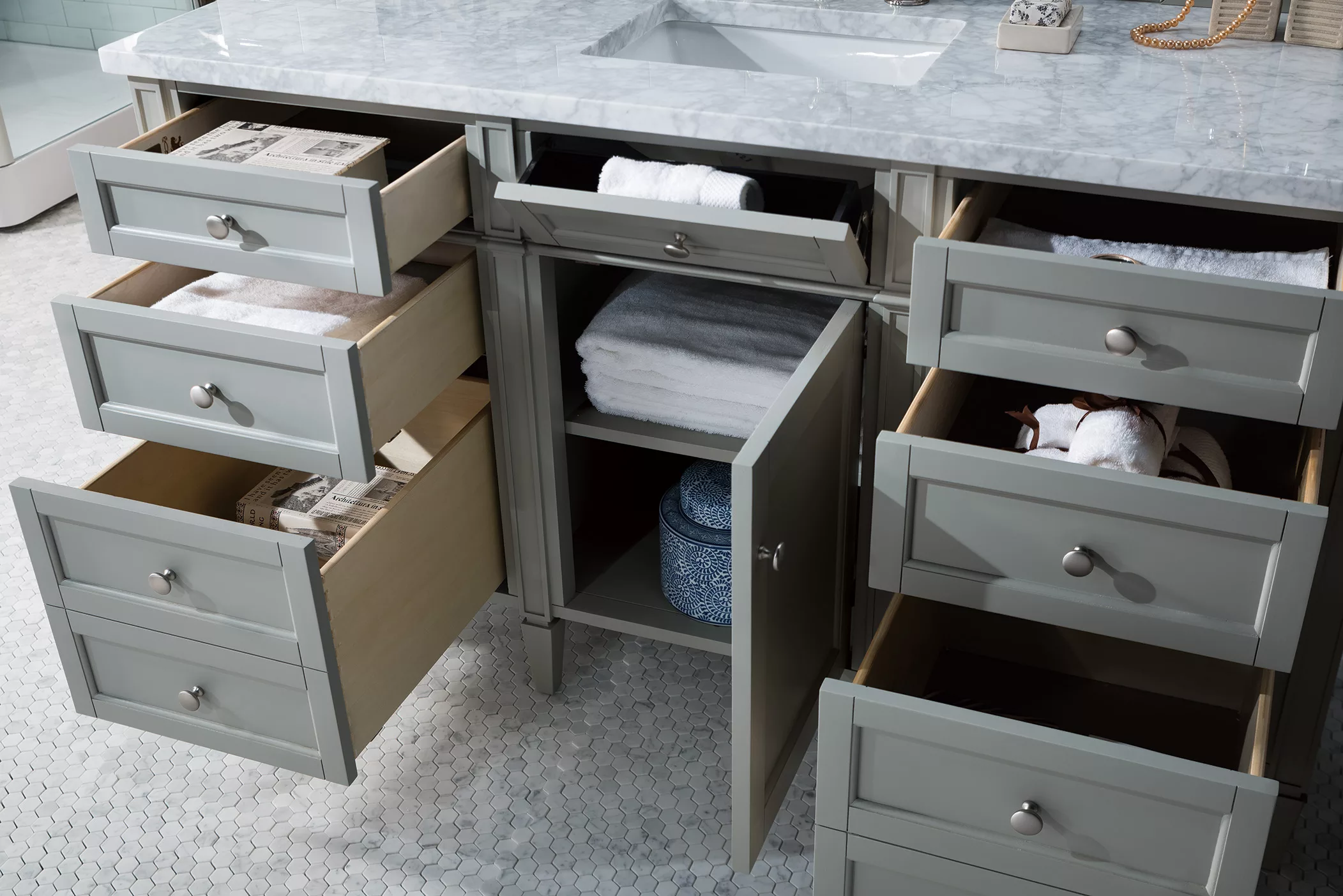 Brittany 60" Single Vanity, Urban Gray w/ 3 CM Carrara Marble Top - Image 4