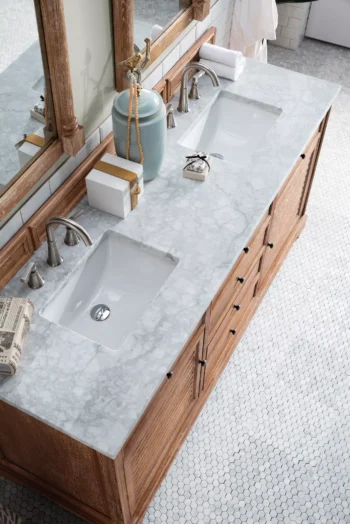 Savannah 72" Double Vanity, Driftwood w/ 3 CM Carrara Marble Top - Image 5