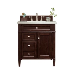 Brittany 30″ Single Vanity, Burnished Mahogany w/ 3 CM Arctic Fall Solid Surface Top