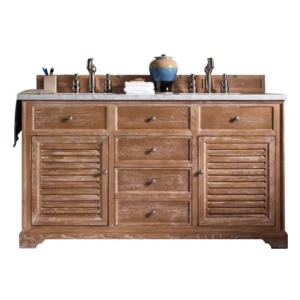 Savannah 60″ Double Vanity, Driftwood w/ 3 CM Eternal Jasmine Pearl Quartz Top