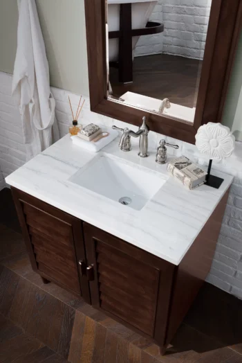 Portland 36" Single Vanity, Burnished Mahogany w/ 3 CM Arctic Fall Solid Surface Top - Image 3