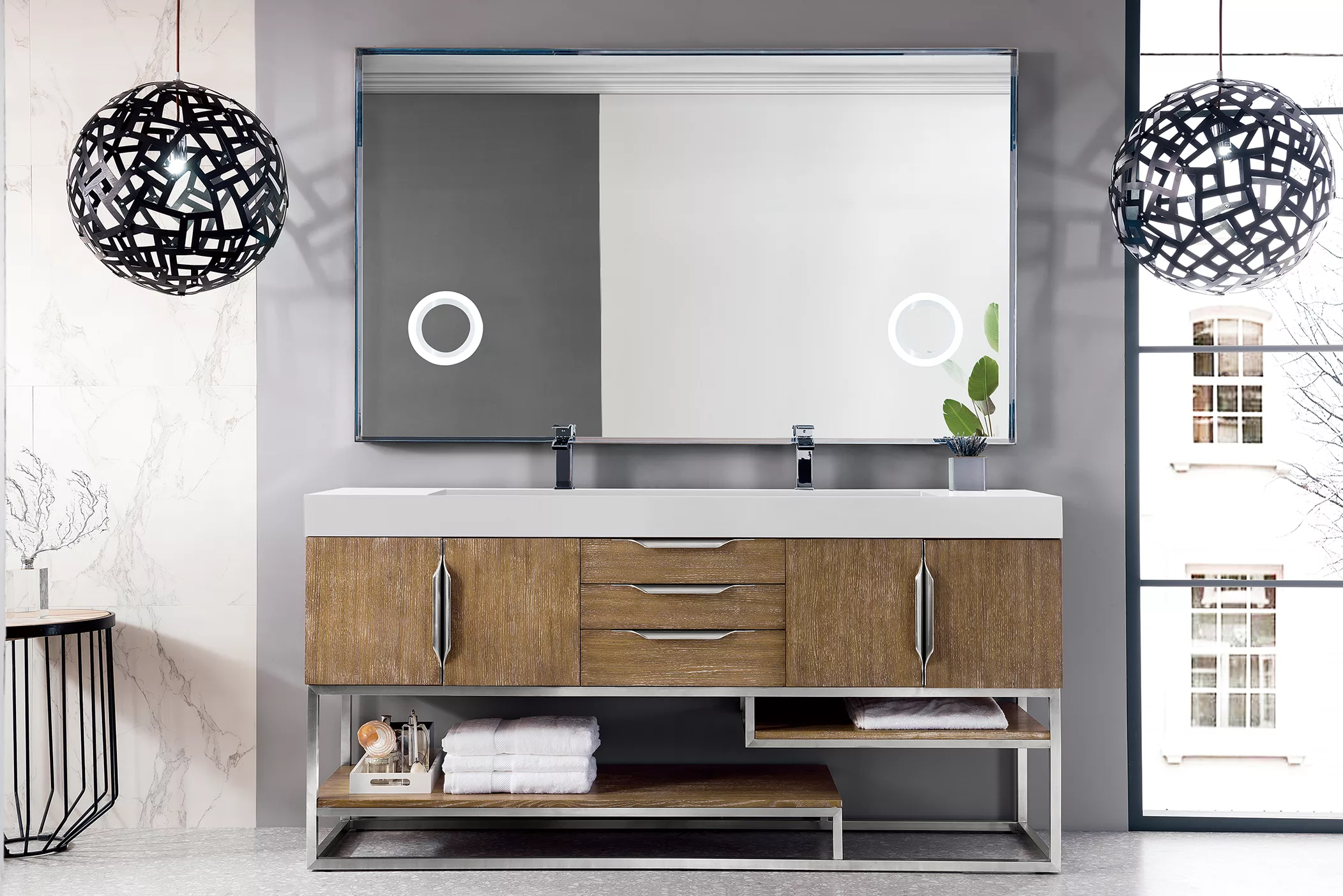 Columbia 72" Double Vanity, Latte Oak w/ Glossy White Composite Stone Top - Image 2