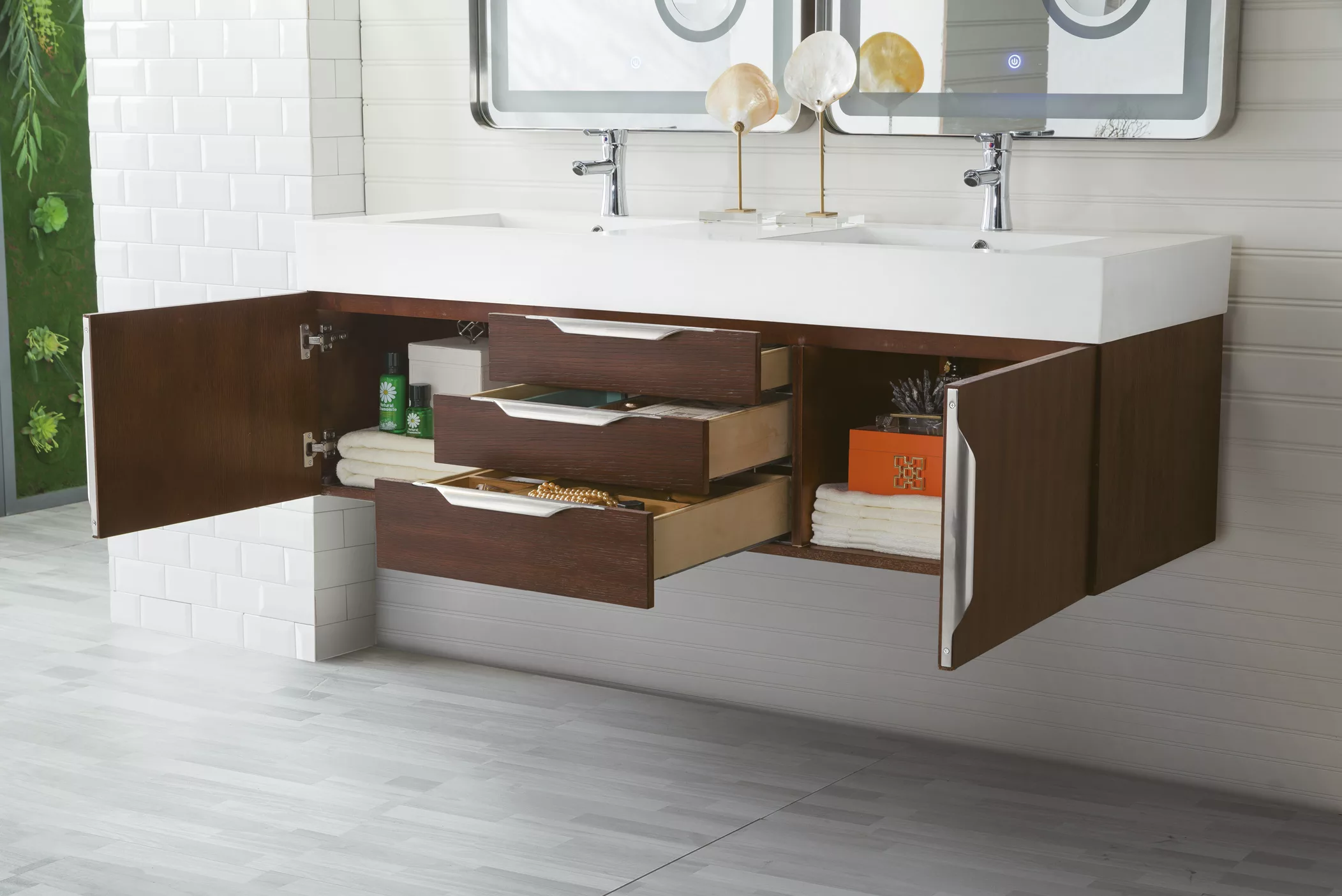 Mercer Island 59" Double Vanity, Coffee Oak w/ Glossy White Composite Stone Top - Image 4