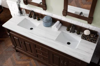 Brookfield 72" Double Vanity, Burnished Mahogany w/ 3 CM Arctic Fall Solid Surface Top - Image 3