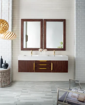 Mercer Island 59" Double Vanity, Coffee Oak, Radiant Gold w/ Glossy White Composite Stone Top - Image 2