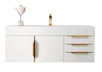 Mercer Island 48" Single Vanity, Glossy White, Radiant Gold w/ Glossy White Composite Stone Top
