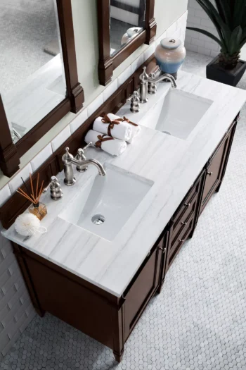 Brittany 60" Double Vanity, Burnished Mahogany w/ 3 CM Arctic Fall Solid Surface Top - Image 3