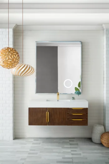 Mercer Island 48" Single Vanity, Coffee Oak, Radiant Gold w/ Glossy White Composite Stone Top - Image 2