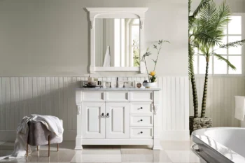 Brookfield 48" Single Vanity, Bright White w/ 3 CM Carrara Marble Top - Image 2