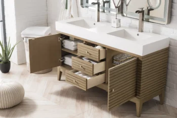 Linear 59" Double Vanity Whitewashed Walnut w/ Glossy White Composite Stone Top - Image 4