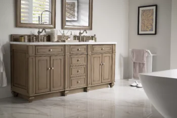 Bristol 72" Double Vanity, Whitewashed Walnut w/ 3 CM Arctic Fall Solid Surface Top - Image 2