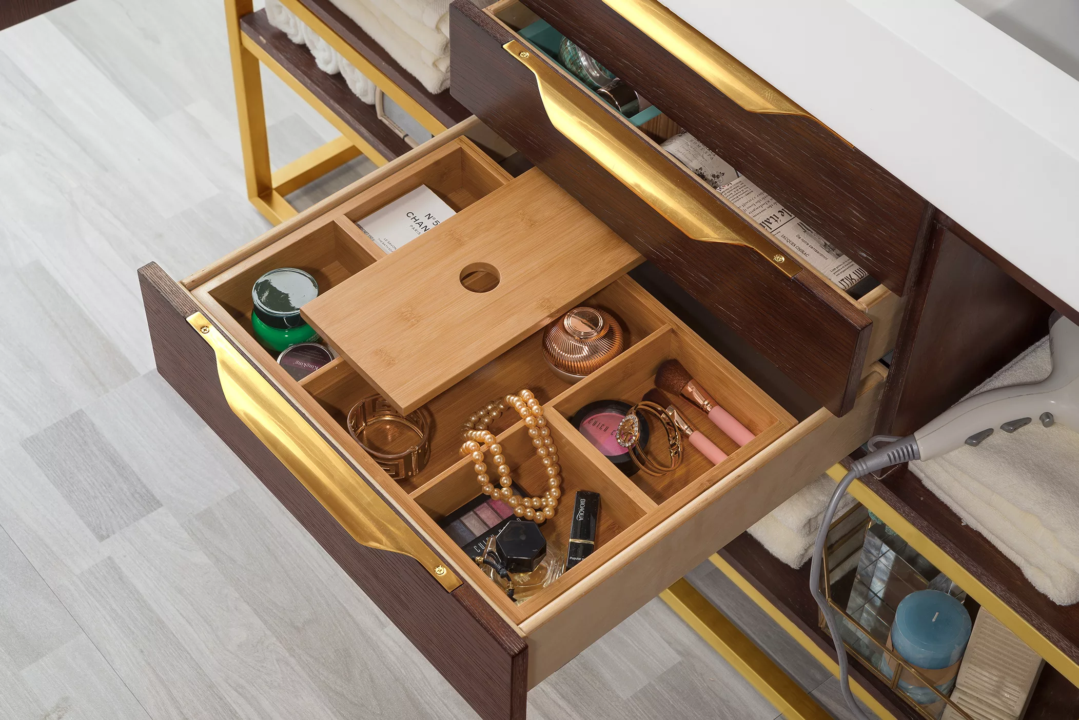 Columbia 59" Double Vanity, Coffee Oak, Radiant Gold w/ Glossy White Composite Stone Top - Image 5