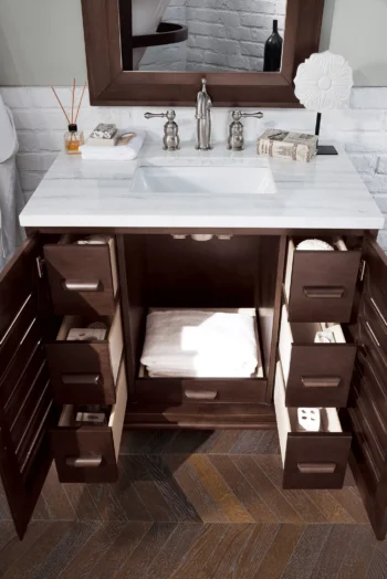 Portland 36" Single Vanity, Burnished Mahogany w/ 3 CM Arctic Fall Solid Surface Top - Image 4