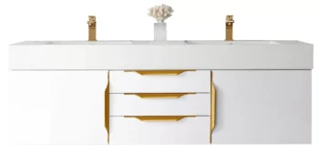 Mercer Island 59" Double Vanity, Glossy White, Radiant Gold w/ Glossy White Composite Stone Top