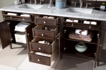 Brittany 72" Double Vanity, Burnished Mahogany w/ 3 CM Carrara Marble Top - Image 4