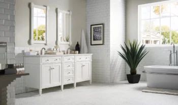 Brittany 72" Double Vanity, Bright White Vanity w/ 3 CM Arctic Fall Solid Surface Top - Image 3