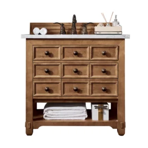 Malibu 36″ Single Vanity, Honey Alder w/ 3 CM Arctic Fall Solid Surface Top