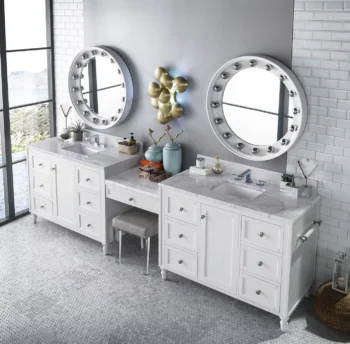 Copper Cove Encore 122" Double Vanity Set, Bright White w/ 3 CM Carrara Marble Top - Image 7