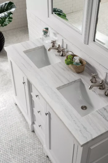 De Soto 60" Double Vanity, Bright White w/ 3 CM Arctic Fall Solid Surface Top - Image 3