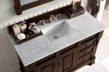 Brookfield 48" Single Vanity, Burnished Mahogany w/ 3 CM Carrara Marble Top - Image 5