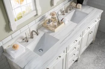 Brittany 72" Double Vanity, Bright White Vanity w/ 3 CM Arctic Fall Solid Surface Top - Image 5