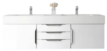 Mercer Island 59" Double Vanity, Glossy White w/ Glossy White Composite Stone Top
