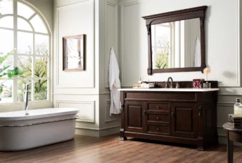 Brookfield 60" Single Vanity, Burnished Mahogany w/ 3 CM Carrara Marble Top - Image 3