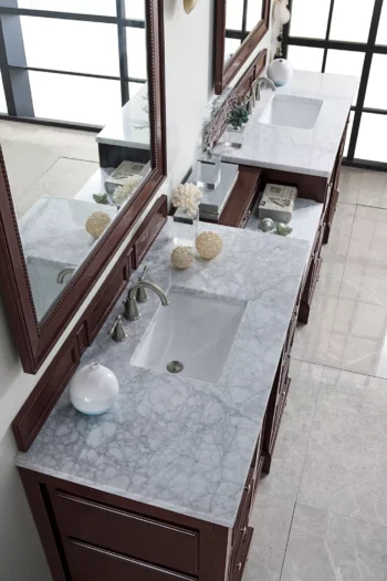 De Soto 118" Double Vanity Set, Burnished Mahogany w/ 3 CM Carrara Marble Top