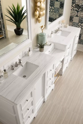 De Soto 118" Double Vanity Set, Bright White w/ 3 CM Arctic Fall Solid Surface Top - Image 3