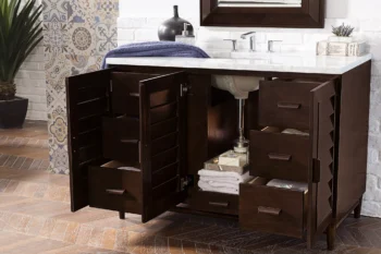 Portland 48" Single Vanity, Burnished Mahogany w/ 3 CM Carrara Marble Top - Image 4