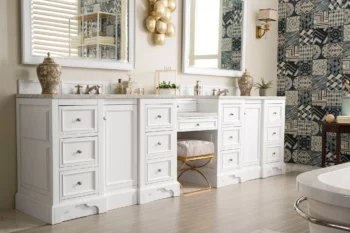 De Soto 118" Double Vanity Set, Bright White w/ 3 CM Carrara Marble Top - Image 3