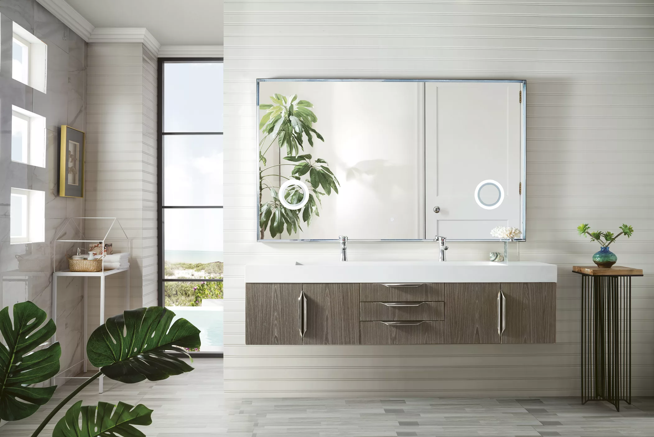 Mercer Island 72" Double Vanity, Ash Gray w/ Glossy White Composite Stone Top - Image 2