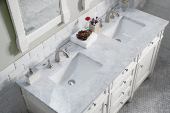 Brittany 60" Double Vanity, Bright White Vanity w/ 3 CM Carrara Marble Top - Image 5