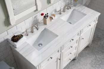 Brittany 60" Double Vanity, Bright White Vanity w/ 3 CM Arctic Fall Solid Surface Top - Image 3