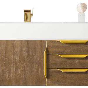 Mercer Island 36″ Single Vanity, Latte Oak, Radiant Gold w/ Glossy White Composite Stone Top